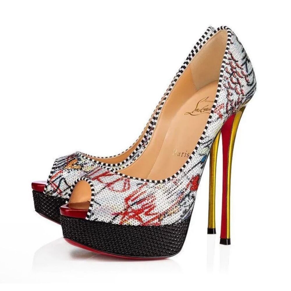 Christian Louboutin Fetish Sequin Peep Platform Heels Stiletto $975 size 35 plat